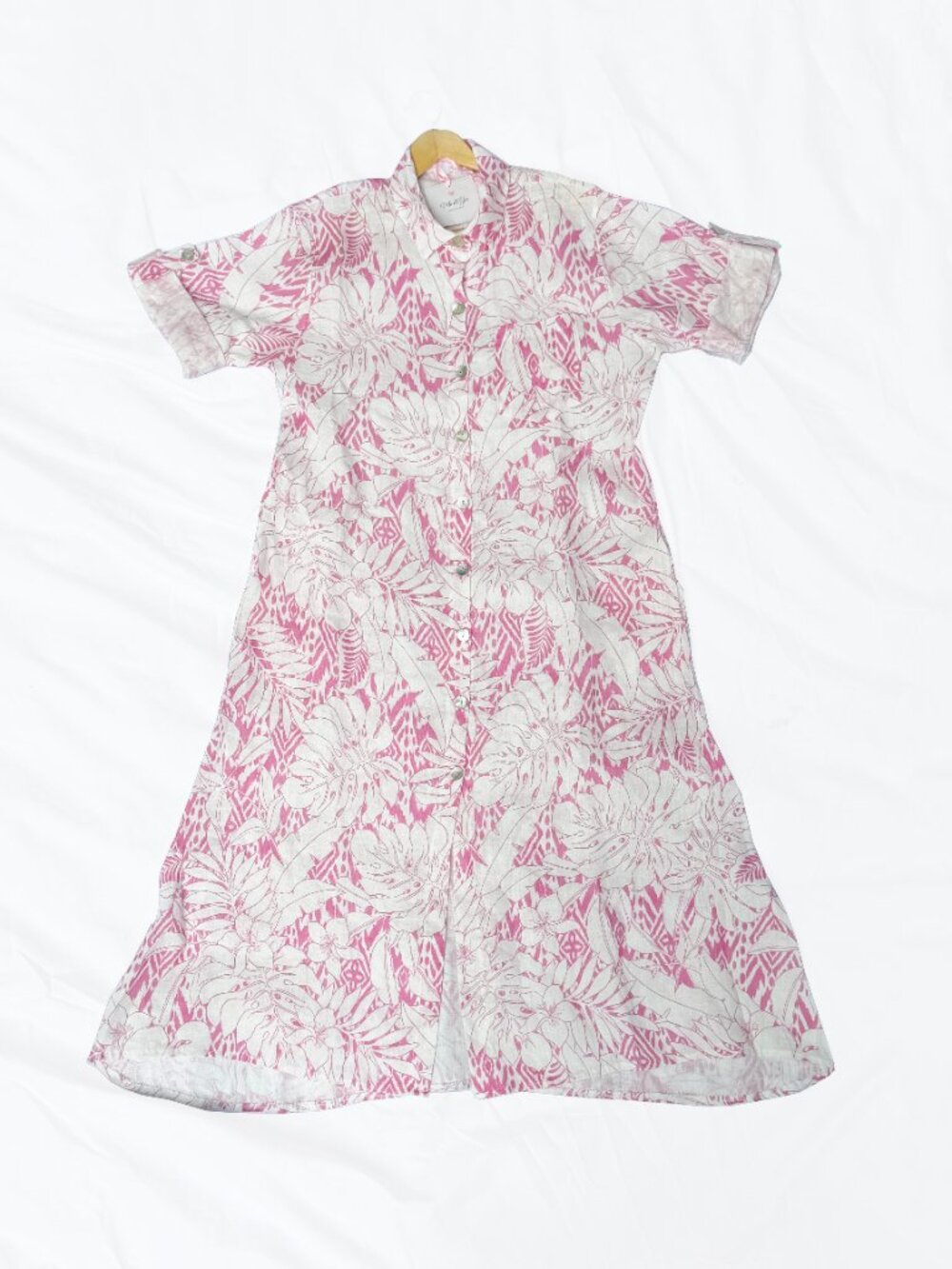 NWT L/XL Italian Linen Women's Pink Tropical Dress